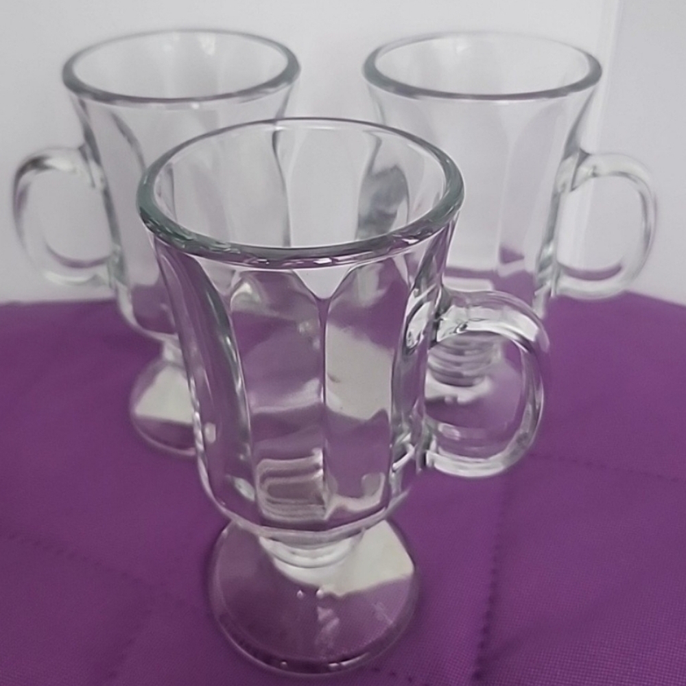NEW Set of 3  Irish Coffee Glass Mugs Clear Pedestal Footed 8 Oz Ribbed USA Made